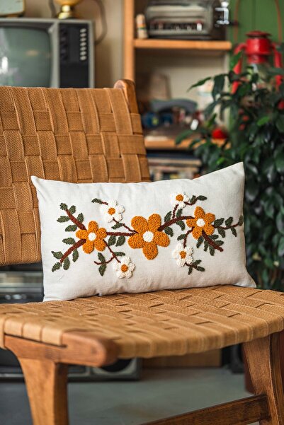 alafloral Papatya  Desen Punch İşlemeli Keten Kırlent Kılıfı