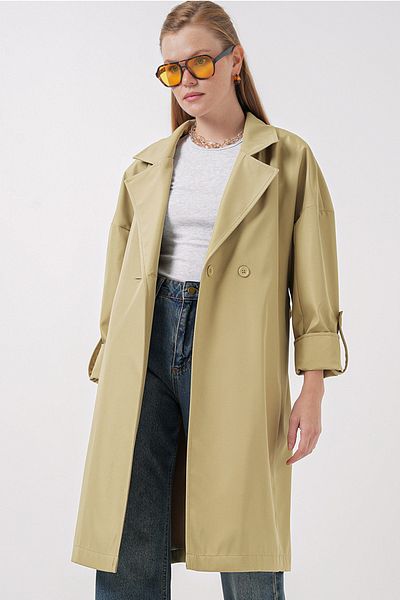 Bigdart 9104 Double Breasted Neckline Lined Trench Coat - Oil Green