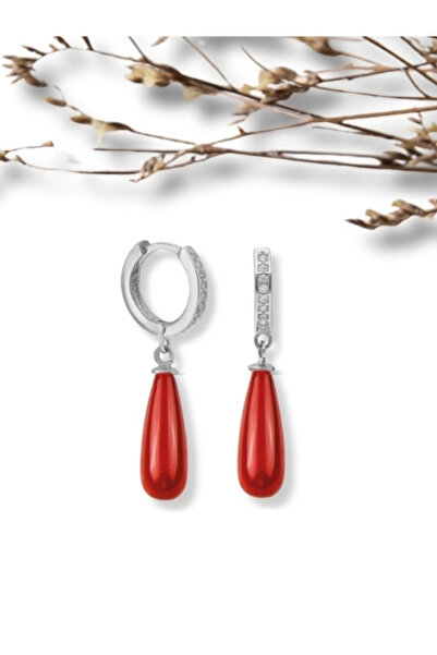 bymissmücevherat Şık ve Zarif 925 Ayar Uzun Drop Mercan Taşlı Gümüş Küpe