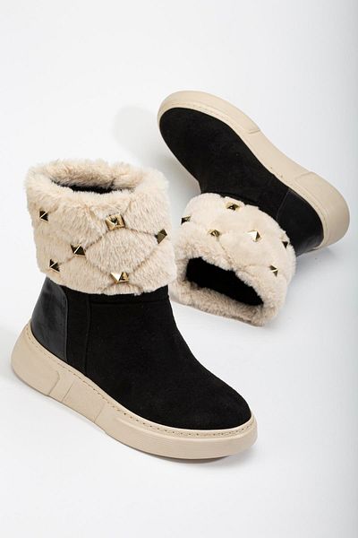 Dilimler Ayakkabı Black Suede Fur Troc - Γυναικείες μπότες με ίσιο τακούνι