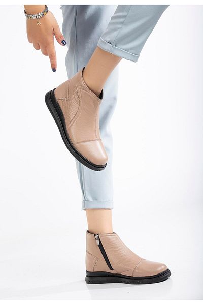 Dilimler Ayakkabı Genuine Leather Orthopedic Women's Boots Beige Saddled Flat Sole