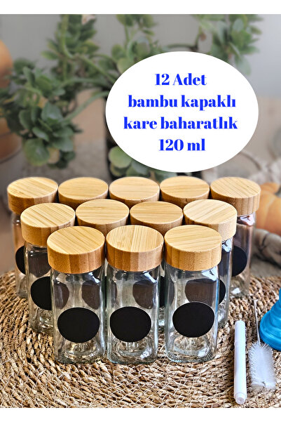 BRE HOME 12 adet bambu kapaklı kare cam baharatlık,  serpme başlıklı, etiketl...