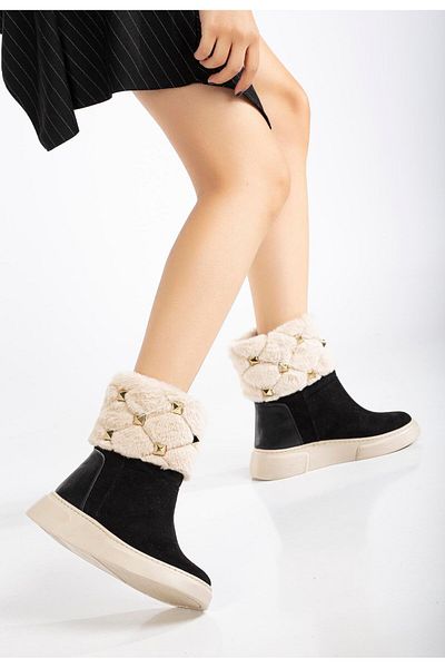 Dilimler Ayakkabı Black Suede Fur Troc - Γυναικείες μπότες με ίσιο τακούνι