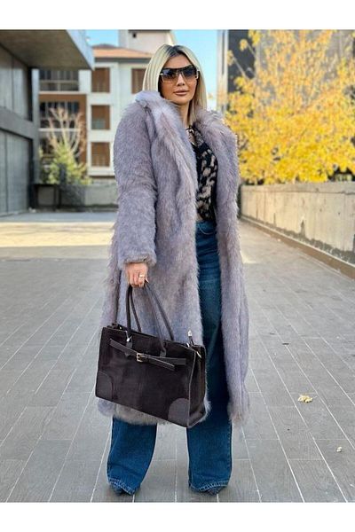 Kokoşum Butik 3877 Μοντέλο Μακρύ Καφέ Γούνινο Παλτό