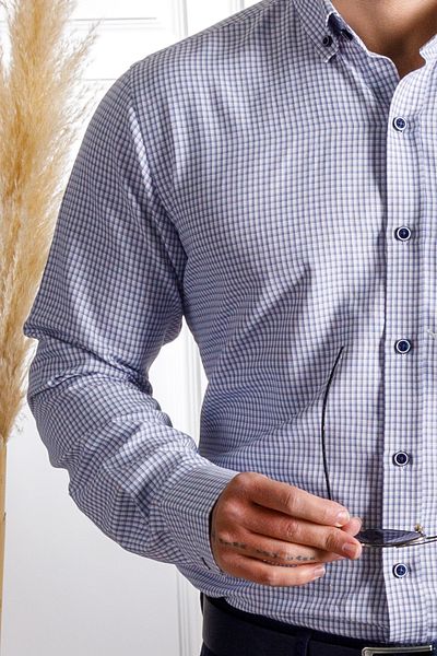 Sarar Eleta Μικρό καρό μοτίβο με τσέπες Classic Fit Βαμβακερό πουκάμισο Navy Blue White