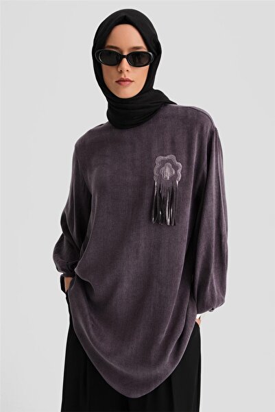 Armine Simli Çiçek Aplikeli Kupra Tunik 24k4303 Mor