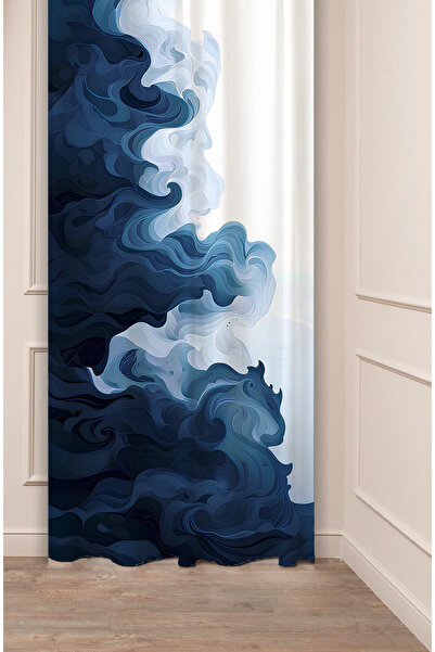 GREENDECOR Πολύχρωμη μοντέρνα μποέμ κουρτίνα φόντου - μοτίβο θαλάσσιων κυμάτων και ωκεανού, ψηφιακή εκτύπωση, μονή πτέρυγα