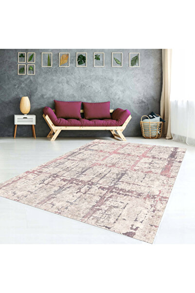 AACAP Toz Pembe Desenli Yıkanabilir, Modern Lastikli Halı Örtüsü