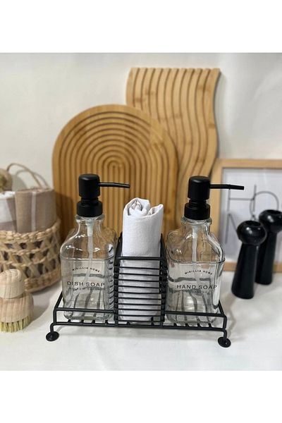 GUNES ZUCCACIYE Dozator de săpun lichid din sticlă neagră Mien 500 ml - Pachet de 2 cu suport metalic