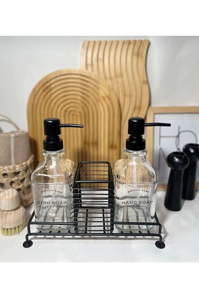 GUNES ZUCCACIYE Dozator de săpun lichid din sticlă neagră Mien 500 ml - Pachet de 2 cu suport metalic