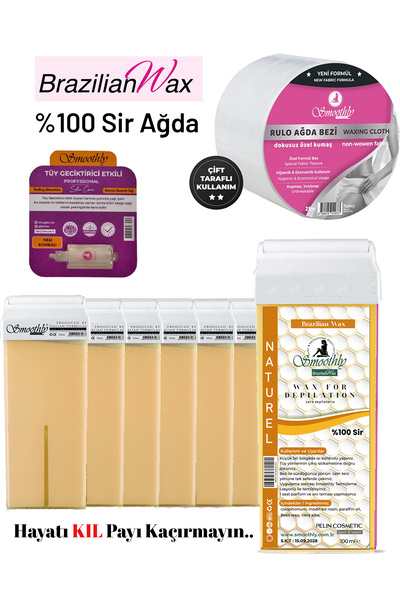 Smoothly 6 adet NATÜREL Brazılıan Rool on kartuş ağda 25 mt sir ağda bezi 1 ad.tüy azaltıcı losyon