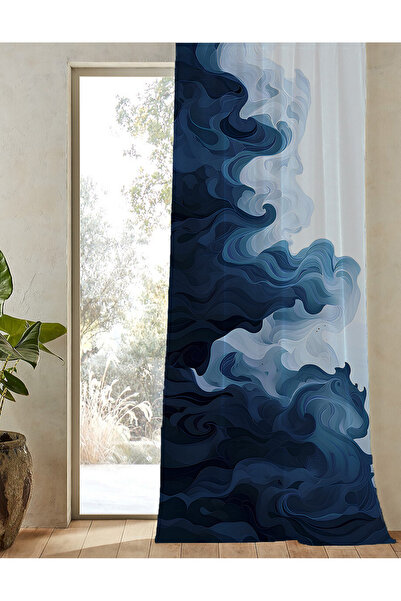 GREENDECOR Πολύχρωμη μοντέρνα μποέμ κουρτίνα φόντου - μοτίβο θαλάσσιων κυμάτων και ωκεανού, ψηφιακή εκτύπωση, μονή πτέρυγα