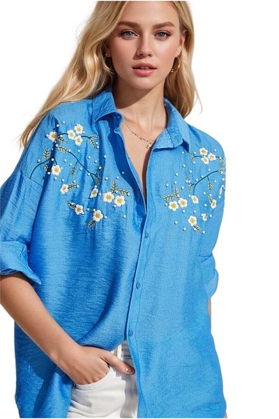 Cassime Cămașă oversize din in brodat Saks Blue Daisy - Ayrobin pentru femei