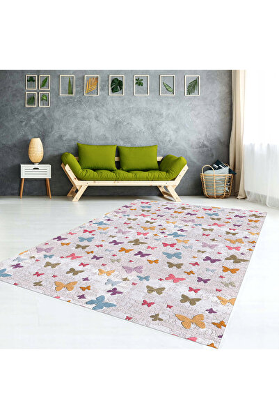 AACAP Çok Kelebekli Desenli Yıkanabilir, Modern Lastikli Halı Örtüsü