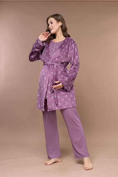 Rimel Homewear 100% Cotton Maternity Pajamas Set with Velvet Dressing Gowns