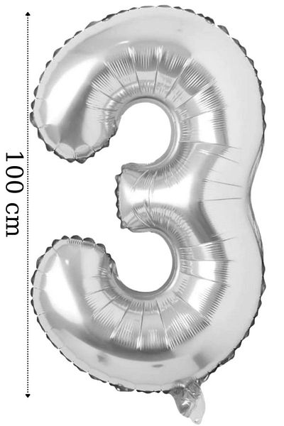 ikm balon Foil Balloon 3 Number Helium Balloon 100 cm 40" Silver Color - 3 Years Old Balloon - 3 Years Old Balloon -3 Number Balloon