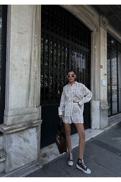 scyllastore Set pantaloni scurți cămașă de in crem pentru femei