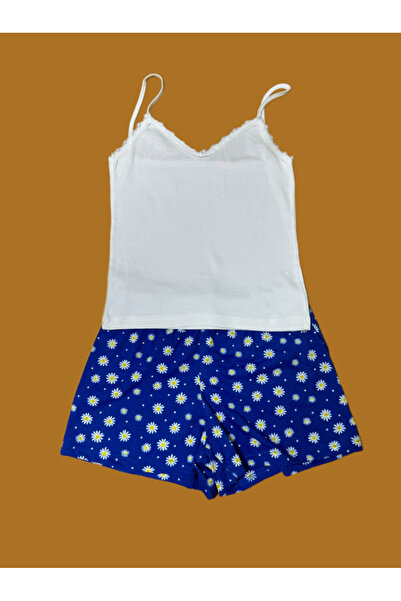 PEMBECİN Pembecin Şortlu Pijama Takımı Babydol ip Askılı Yazlık Pamuklu Kolsuz Beyaz Askılı Mavi Çiçekli