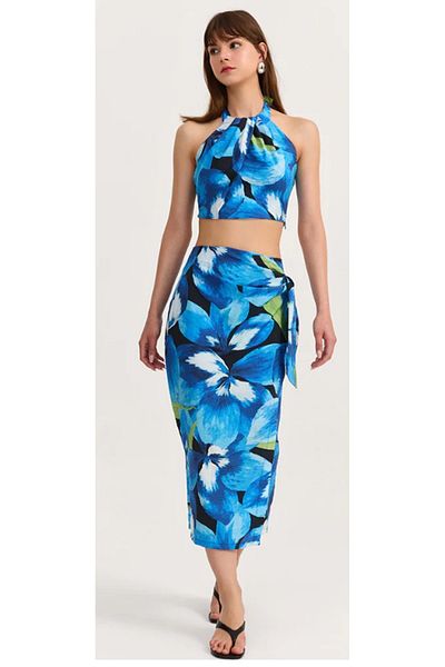 Quzu 24Y41613 Double Breasted Binding Detailed Patterned Skirt Blue - m