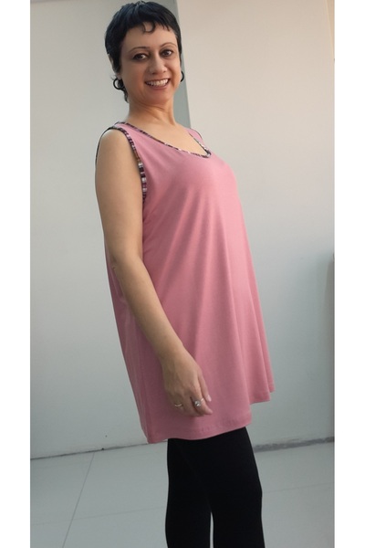 Mertcan Butik Thick Strap Combed Cotton Viscose T-Shirt with Dusty Rose Piping Detail