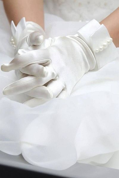 Hobigram Off White Bow Pearl Lycra Satin Bridal Gloves Party Gloves – Party Gloves – Party Hand