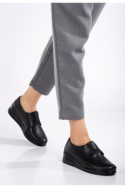 Dilimler Ayakkabı Orthopedic Genuine Leather Women's Wedge Heeled Shoes - Black Elastic Band Laceless