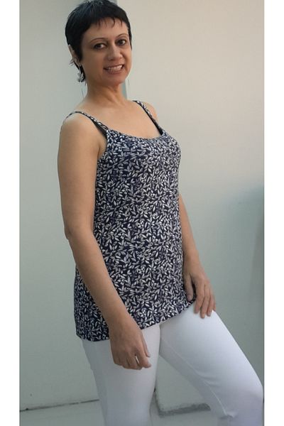 Mertcan Butik Navy Blue Floral Print Rope Strap Combed Cotton Viscose T-Shirt
