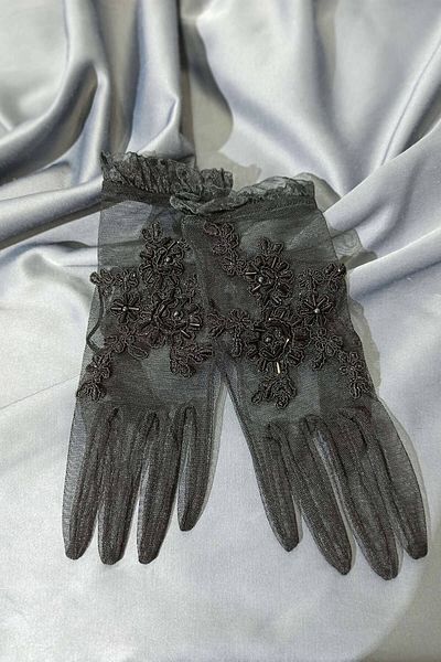 Hobigram Black Embroidered Floral Pattern Beaded Bridal Gloves Costume Accessory – Party Gloves, Stylish Design