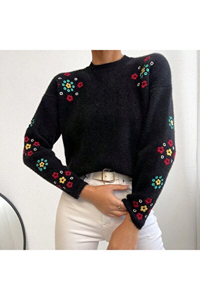 sportiness Broderie dama Tricoturi cu imprimeu floral Pulover