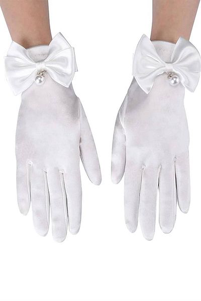 Hobigram White Pearl Bow Model Satin Bridal Gloves Party Gloves Costume Gloves – Party Gloves – Pa