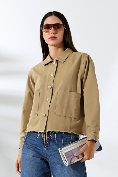 Union and Joy %100 Pamuk Gabardin Hardal Kısa Kot Kadın Ceket