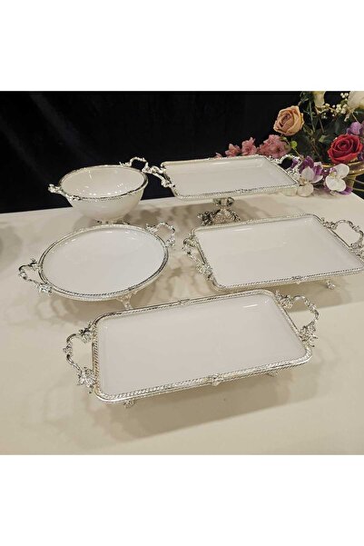 MaviDamla Silver Porcelain Presentation Set with 5 Pieces Handles - Cast Edge...