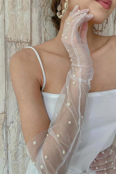 Hobigram White Pearl Wedding Party Wedding Gloves Costume Accessory – Party Gloves, Stylish Design – Party Eldi