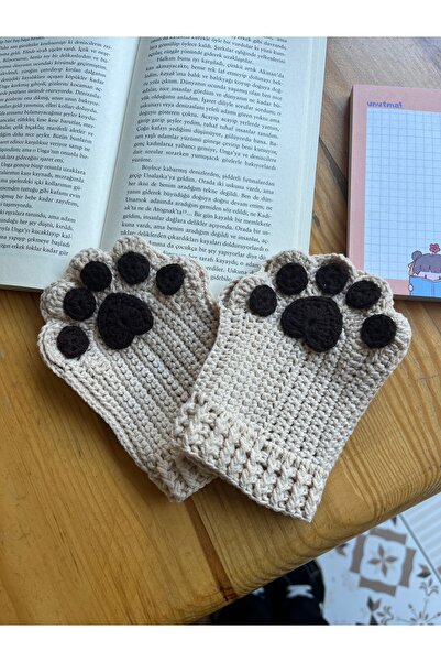 sumicorn Sevimli Kedi Patisi Bej Örgü Parmaksız Kışlık Eldiven