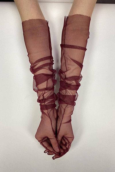 Hobigram 10 Pieces Burgundy Long Bridal Gloves Tulle Gloves Party Gloves Party Accessory – Party Gloves – Par