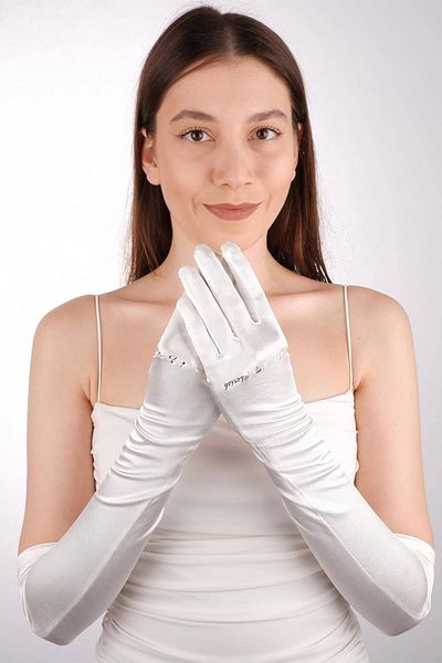 Hobigram White Satin Custom Printed Bridal Gloves Dance Gloves Opera Gloves 56 cm – Party Gloves – Party
