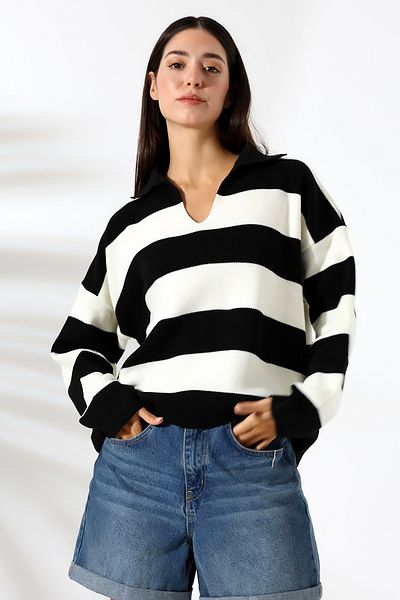 Union and Joy Tricotaj oversize cu dungi Pulover de damă cu gât polo negru