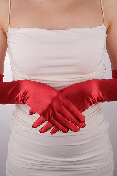 Hobigram Red Satin Long Bridal Gloves 56 cm Dance Opera Gloves – Party Gloves, Stylish Design – Party E