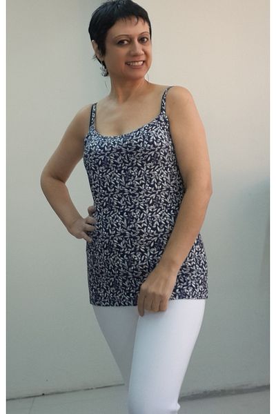 Mertcan Butik Navy Blue Floral Print Rope Strap Combed Cotton Viscose T-Shirt