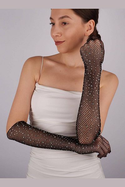 Hobigram Black Shiny Stone Mesh Gloves Party Gloves Dance Gloves Costume Gloves – Party Gloves – Par