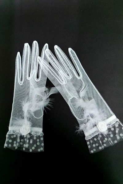 Hobigram White Feather Detailed Bow Bridal Gloves Costume Gloves – Party Gloves, Stylish Design – Party Eld