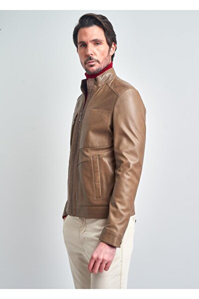 Pierre Cardin Erkek Bej Basic Cepli Deri Ceket