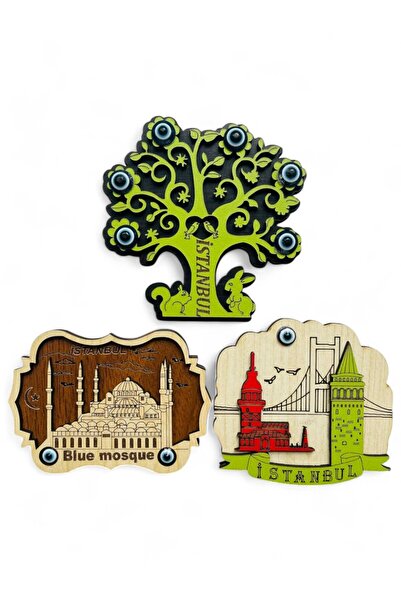 GALATA GIFT Magnet, Buzdolabı Magneti, 3 Adet Ahşap Magnet Seti Mutfak Süsü, ...