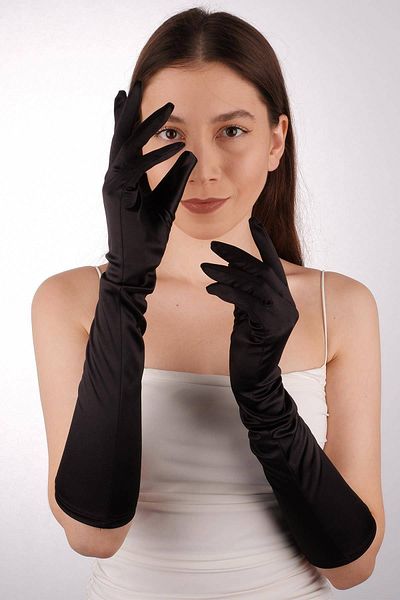 Hobigram Black Satin Long Bridal Gloves 47 cm Dance Opera Gloves Costume Gloves – Party Gloves – Party