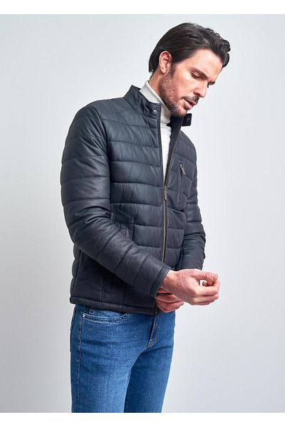 Pierre Cardin Men's Navy Blue Puffer Leather Coat