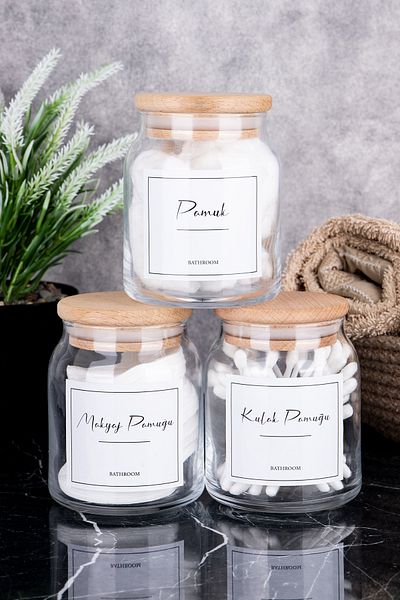 DNS HOME Σετ μπάνιου 3 τεμαχίων από γυαλί Ear Cotton Cotton Makeup Cotton Ξύλινο κάλυμμα Δοχείο αποθήκευσης Οργανωτικό σετ