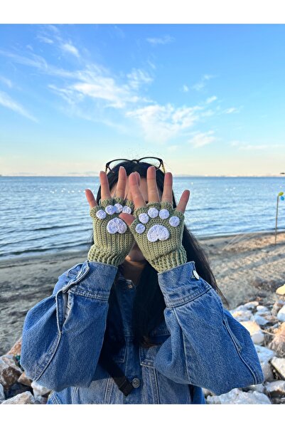 sumicorn Sevimli Kedi Patisi Yeşil Örgü Parmaksız Kışlık Eldiven