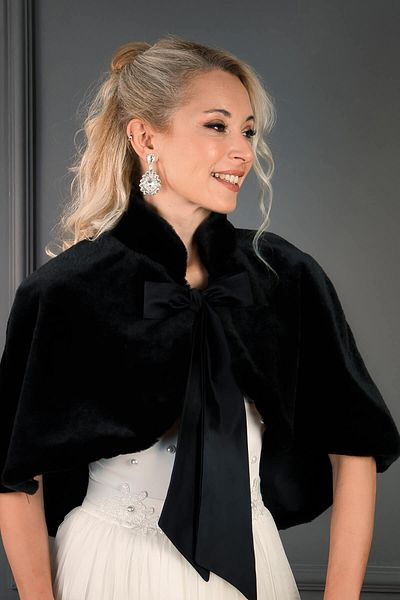 Hobigram Black Satin Bow Fur Etol Bridal Bolero