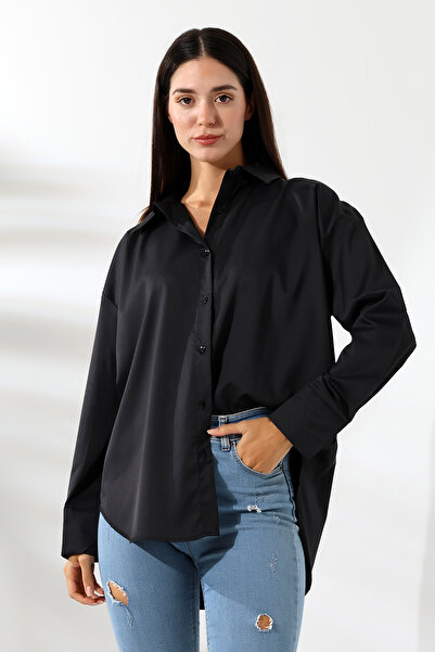 Union and Joy Oversize Mikro Saten Dökümlü Siyah Kadın Gömlek