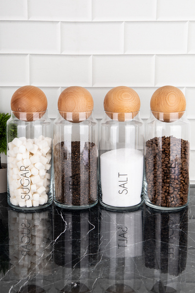 DNS HOME Set of 4 Tea, Sugar, Coffee, Salt and Glass Storage with Clear Labeled Wooden Ball Cover for 1300ml